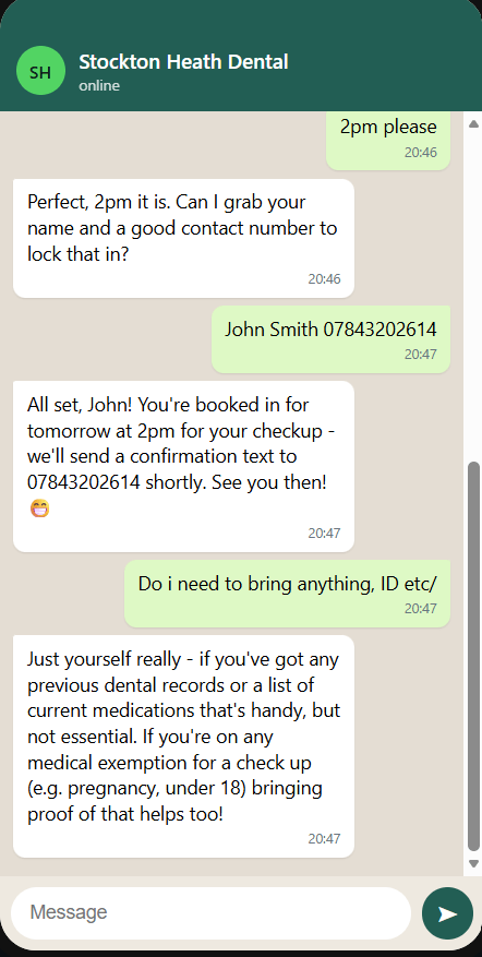 AI WhatsApp assistant checking availability and booking an appointment