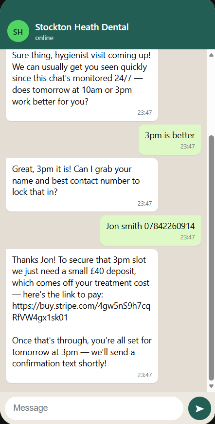 The same WhatsApp assistant taking a deposit payment before confirming the booking
